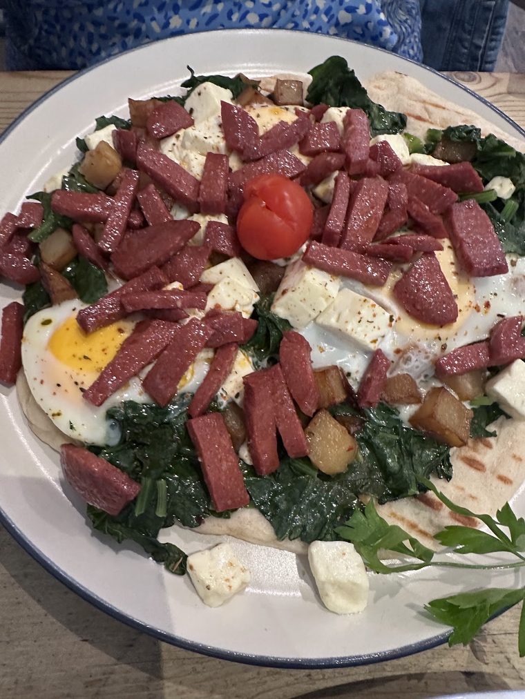 Sucuk and eggs with spinach, feta and potatoes